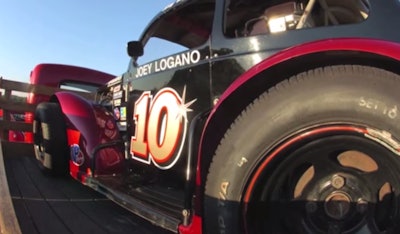 Joey Logano's Legends Car on Tom Logano's B61 Mack