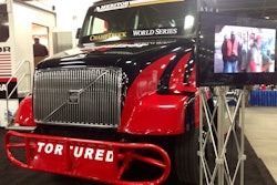 On display at the Minimizer company’s booth at the Mid-America Trucking Show is this Volvo ChampTruck, one of two the company has entered in the ChampTruck race series, getting under way next month.