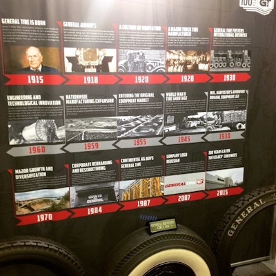 A 100-year history in brief of General Tire at the Continental Tire booth at MATS this week. The Continental company purchased the all-American General in the mid-1980s. Today, with the launch of General HS, HD and HT tires for all semi-truck positions, Continental is re-emphasizing high durability at the lowest cost-per-mile with an intent to serve the owner-operator-to-100-truck small fleet market.