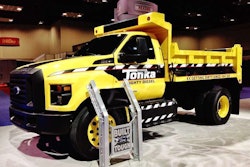 “When the sheet was lifted off the mystery truck at the end of Ford’s presentation to kick off the 2015 Work Truck Show” last week, reported Bruce Smith of Hardworkingtrucks.com, “no one expected to see their favorite toy: a Tonka Dump Truck.”