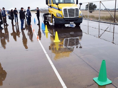 The blue cones in the rear represent where Goodyear-equipped tractors stopped, ahead of cones marking where trucks with competitors’ tires stopped.