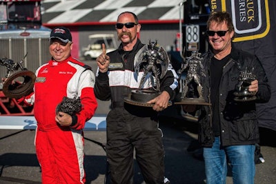 Mike Morgan (center) raced his No. 88 Mack to victory in ChampTruck’s inaugural race weekend. See more photos of this weekend’s races below. And click here to read more on Morgan and his Mack racer. Racer Ricky Proffitt, left, drove the No. 14 Peterbilt for Jupiter Enterprises. Stunt driver and longtime racer Mike Ryan, right, drove multiple trucks during the weekend.