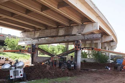 This EB I-44 Belle Isle pier between Pennsylvania Ave. and Western Ave. in Oklahoma City is one of two piers currently receiving a temporary, steel beam support that will add strength to the bridge.