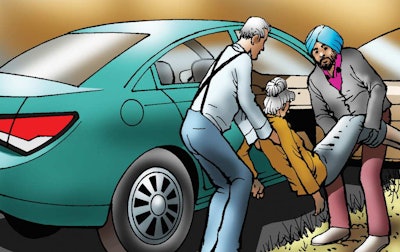 Sahasi calls 911. The operator tells him and her husband to lay the lady on the ground.