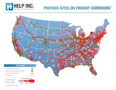 PrePass currently has operational sites in 31 states with a number of committed sites, shown in yellow.