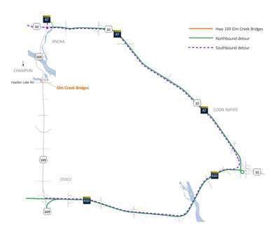 Click through the image to access a full detour map around newly restricted bridges in Champlin, Minn.