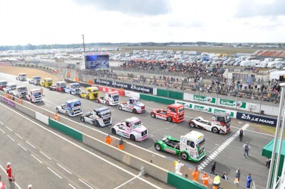 Racers staged at the Le Mans Speedway in Le Mans, France, for one of the heats in the Truck Race Organization’s 2014 series finale. TRO, the European-based truck racing circuit, was the model for ChampTruck’s format.