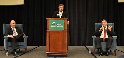 TCA’s David Heller, left, and FMCSA’s Jack Van Steenburg, right. CCJ Editor Jeff Crissey, middle, moderated the discussion on trucking regulations held this week at the CCJ Spring Symposium in Birmingham, Ala.
