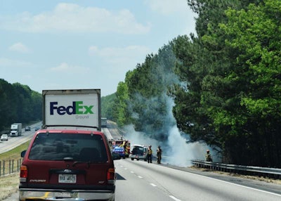 Things were briefly stop-and-go after traffic slowly rolled out and by, I counted, four separate spots that had been set ablaze. The cause? Undetermined, as reported by local media as yet. The roadside here in pine country is all a carpet of (this day) very dry pine needles, so a series of stray cigarettes might be possible. Though given the proximity of these blazes (all within a couple miles of road and simultaneous), it seems unlikely.