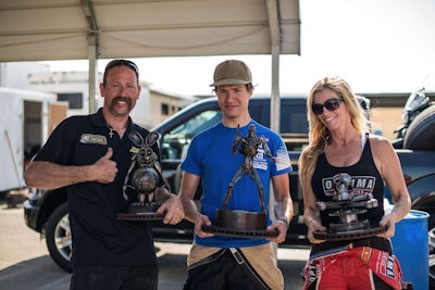 Krisztian Szabo, center, won the points-earning race at the Thunderhill ChampTruck event, with Mike Morgan, left, placing second and four-wheeler racer Corry Weller, right, coming in third.