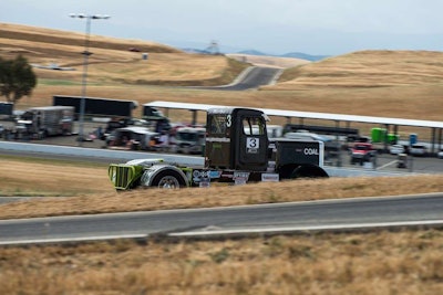 Small fleet owner Allen Boles of North Carolina races this black and green Peterbilt 359 for his Jupiter Motorsports team.