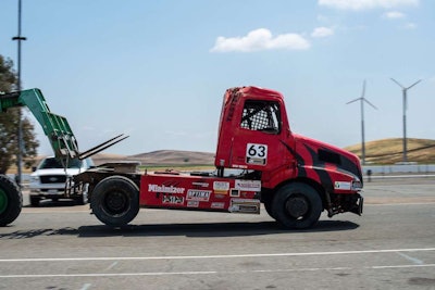 The No. 63 Minimizer 'Team Tested' truck caught the ditch on the second turn of the Thunderhills track in one of the Saturday heat races and rolled over. It was ready to race again for the Sunday races, however.
