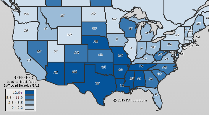 Hot market map -- load to truck in reefer segment from DAT June 2015