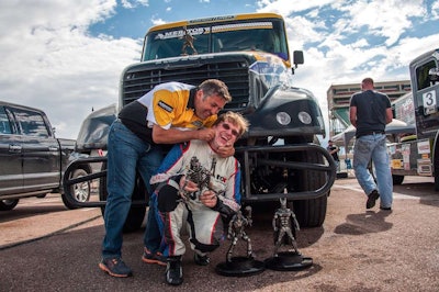 Oliver being congratulated on his wins by ChampTruck founding partner Fabien Calvet. Calvet runs the European truck racing circuit that ChampTruck is based on.