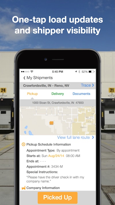 Transfix marketing materials promote one-touch status updates available from within the app on loads between driver and shipper.