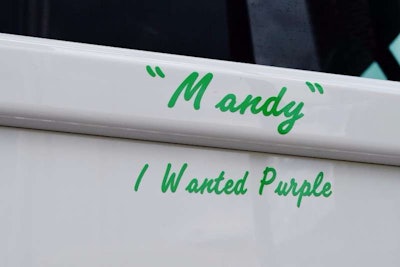 As recorded in this inside joke on the passenger-side door, Ben Cadle's wife had suggested another unique hue for the rig entirely.