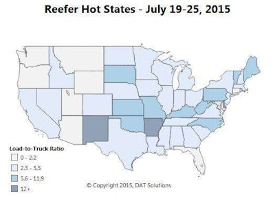 Darker blue areas indicate statewide load-to-truck ratios that are well above the week’s national average of 4.1 loads per truck on DAT Load Boards. Daily maps, along with detailed information on demand, capacity and rates for individual markets and lanes, can be found in DAT Power Load Boards and in DAT RateView, from which data for this update were derived.