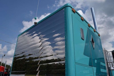 The classic pleated back wall of the sleeper, made famous by the Double Eagle sleeper builder, on the 359 was replaced with this pleated stainless skin. The rig, says driver Kiegan Nelson, commonly hauls coils and other steel on a flatbed.