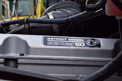 The unit is powered by this 12.7-liter Detroit Series 60 reman powertrain -- Cadle worked with Freightliner of Augusta on spec'ing the glider in order that he might fully specify paint and other details with the factory on order.