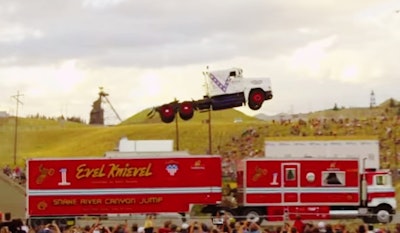 At the rig’s debut at Evel Knievel Days in Knievel’s hometown of Butte, Mont., fellow daredevil Glenn Godfrey made this world record semi-truck jump/brilliant photo op for the combo.