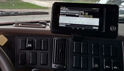 Pictured here is one of the dedicated tablets in a ruggedized casing that small fleet owner Frerichs has installed in each of his Volvo tractors, today running the non-395.15-compliant BigRoad logbook app. Says Frerichs of his guarded embrace of e-logs with a plan to turn to a fully compliant AOBRD later in the year, “I would have probably made this move a couple of years ago.” Like so many others, “I’m kind of waiting on the ruling,” he says. “I don’t want to find out that a year from now, I have to do something else.”