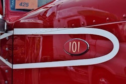 The striking stripe extending from the hood to the back of the sleeper Miller fashioned from a similar design he saw on an older Peterbilt.