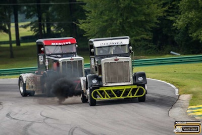 Allen Boles’ black and green No. 3 Peterbilt 359 and his Jupiter Motorsports’ No. 14 Peterbilt 379 racer, driven by Ricky “Rude” Proffitt.