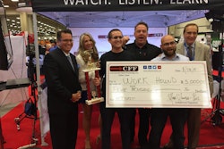 Truck Tank winners Max Farrell and Andrew Kirpalani are shown with Truck Tank judges RJ Grimshaw, CEO of Unifi Equipment Finance; Bethany Williams, writer, speaker and entrepreneur advisor; Matt Manero, founder and CEO of CFF; and Don Daseke, chairman, president and CEO of Daseke.