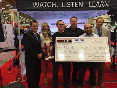 Truck Tank winners Max Farrell and Andrew Kirpalani are shown with Truck Tank judges RJ Grimshaw, CEO of Unifi Equipment Finance; Bethany Williams, writer, speaker and entrepreneur advisor; Matt Manero, founder and CEO of CFF; and Don Daseke, chairman, president and CEO of Daseke.
