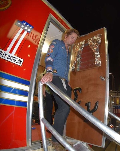 It’s only fitting that the truck associated with a famous daredevil is now owned by an ex-pro skateboarder, Lathan McKay (pictured emerging from the rig’s coach box at its August Hollywood appearance). McKay calls Knievel the godfather of the subsequent decades’ rise in popularity of extreme sports, from skateboarding to skydiving and more. “We always had him in a place of starting what we chased,” he says. Part of McKay’s massive collection of Knievel memorabilia, including leather suits and motorcycles, is traveling with the rig on tour. Photo by Bruce W. Smith