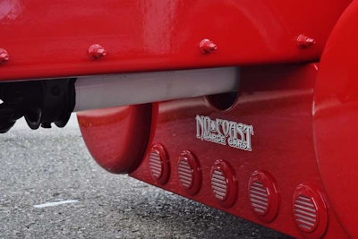 The rig has a 310-inch wheelbase, and the sleeper is a 48-inch flat-top. This 'No Coast Large Cars' emblem is Miller's own little nod to groups on East and West coasts and acknowledgement of his landlocked home state.