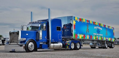 Mike Manuel’s “One of Many” autism awareness 2015 Peterbilt 389 and 2016 Mac curtainside picked up Best of Show in the Builder’s Class category.