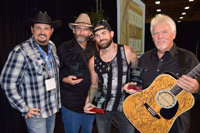 From left: Tony Justice (emcee) and Trucker Talent Search finalists Paul Marhoefer, Nate Moran and Don Whatley.