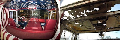 When the truck came to Mike Patterson’s Historic Harley-Davidson shop for restoration, the cab roof showed “more sky than metal,” he says. Left photo: Bruce W. Smith. Right: Todd Dills, of the rig in 2012.