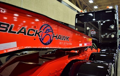 The Etnyre Blackhawk at GATS was showing behind the 2013 'Back in Black' glider I wrote about at this link from the Tennessee edition of this year's Pride & Polish series. There, the tractor showed with a different TrailKing trailer and the Blackhawk was hooked to J&L's 2015 'Contender' 389.