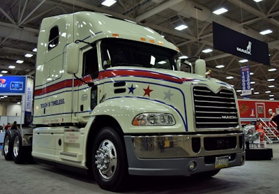 The specially painted 2015 Mack Pinnacles hauling the restored Mack and trailer “send a strong message of what Mack’s capable of” more than 40 years following the original build of the 1974 FS model, says Mack’s John Walsh. Both the sleeper (pictured) and daycab models feature the Mack MP8 engine paired with the mDrive transmission.
