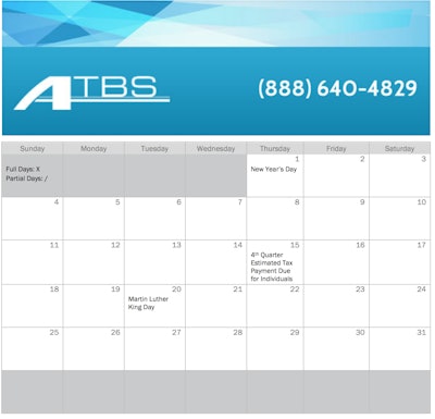 ATBS has this downloadable calendar available on its website to help truck operators keep track of their per diem eligible days. Click here to download it.