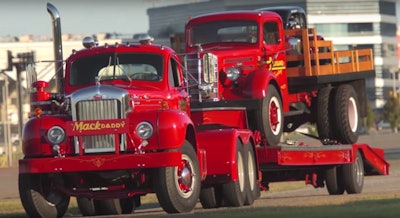 Joey Logano’s legends car on Tom Logano’s B61 Mack.