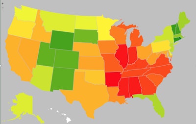 A heat map of average outbound rates — based on averages of all major truckload segments — for the week ended Sept. 13. The redder the state, the hotter the rate. Data from Truckstop.com.