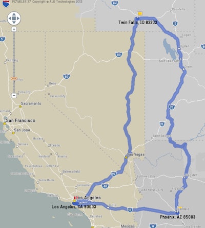 “TRIHAUL” OF THE WEEK | With potatoes and onions rolling out of the Pacific Northwest, demand and rates for reefers on the backhaul lanes heading west from Twin Falls, Idaho, are up. Rates are rising out of L.A., too, and inbound rates are dropping there, so haul those potatoes to Phoenix instead, for an average of $2.21 per mile. From Phoenix, your rates to L.A. are still not great, but the distance is shorter on a repositioning load back to the Golden State. This route adds $1,057 in revenue to your roundtrip, and boosts the average rate per loaded mile from $1.87 to $2.06. Examine the numbers in the chart below.
