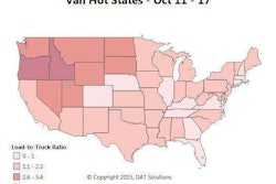Van load availability has returned to reality after our prior segment update, reflecting the end-of-quarter rush. Last week, load availability dropped another 9 percent on the spot market, while truck posts on DAT Load Boards held steady. As a result, the national load-to-truck ratio fell from 1.6 to 1.4 loads per truck, down from 2 loads per truck in the last update. Harvests in Idaho are down from their fall peak, but demand in the southern part of the state remains high. Expect volume to ramp up again as Thanksgiving approaches. This Hot State Map for the week of Oct. 11-17 also shows favorable load-to-truck ratios in Oregon. This is due partly to strong seasonal demand in the Medford market area, known for its apple orchards.