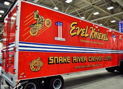 The passenger side of the trailer, for instance, reflects the design for the infamous Snake River Canyon jump in Knievel’s steam-powered “SkyCycle” rocket-on-wheels.