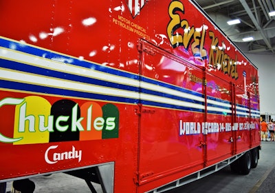 The driver side of the trailer, and the Post Coach office as well, however, reflect a 1975 world record bus jump at Kings Island near Cincinnati, Ohio, ultimately his longest successful jump at 133 feet.