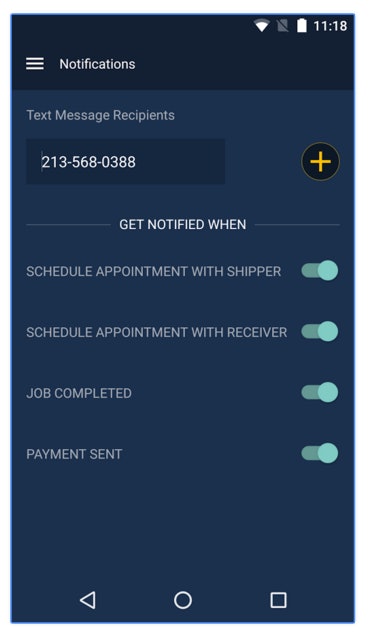 Custom notifications via text alerts are available for customization within the Next Trucking Android app. Chung says plans are in place for the iOS version, likely to become available before the end of November.