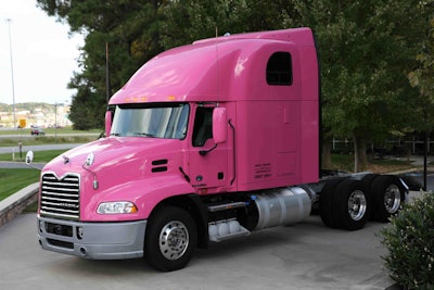 Mack is displaying this pink Pinnacle outside its headquarters in support of National Breast Cancer Awareness Month.
