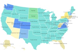 In more than half of states during 2014, the most common job was truck driving. Those states are colored light blue in this map, part of a National Public Radio report.
