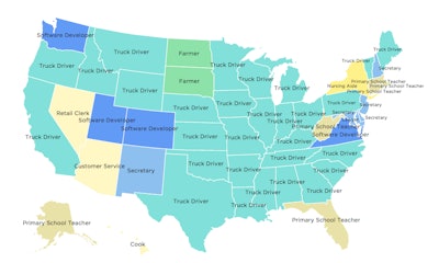 In more than half of states during 2014, the most common job was truck driving. Those states are colored light blue in this map, part of a National Public Radio report.