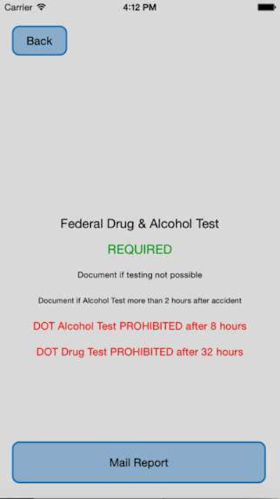 Soon also to be available for Android devices, says Cahill-Swift, the app offers an intuitive design to allow carriers to easily assess whether or not an event is an FMCSA-qualified accident and directs you to either administer post-accident drug and alcohol testing or prohibit such testing from being conducted.