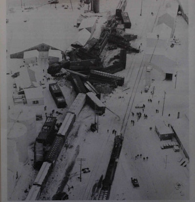 “Happy New Year from the Milwaukee Road” was Overdrive’s headline for this Des Moines Register photo showing a two-train collision on New Year’s morning of 1969. A Milwaukee Road freight train plowed into the rear of another train, killing an engineer and a brakeman.