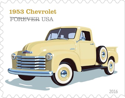 • The 1953 Chevrolet, part of its 1947-introduced “Advance-Design Series,” featured large windshields and provided drivers with excellent visibility, a distinctive curvy grille that bulged in the middle and a six-cylinder engine. © 2016 USPS